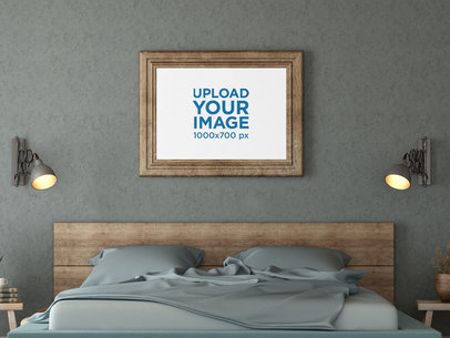 Mockup of a Horizontal Art Print Hanging in a Modern Bedroom