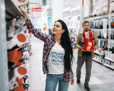 V-Neck Tee Mockup of a Woman Shopping at a Store Aisle 42894-r-el2