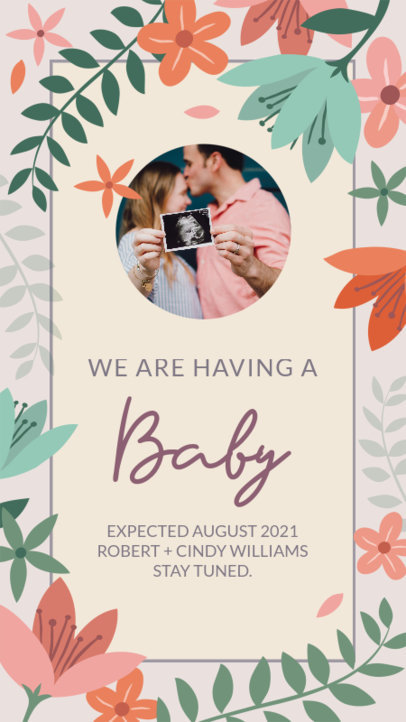 Instagram Story Design Template for a Pregnancy Announcement with a Floral Frame