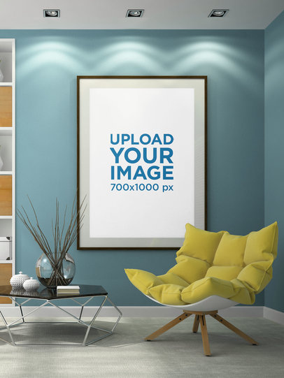 Mockup of a Framed Art Print Hanging on a Colored Wall 