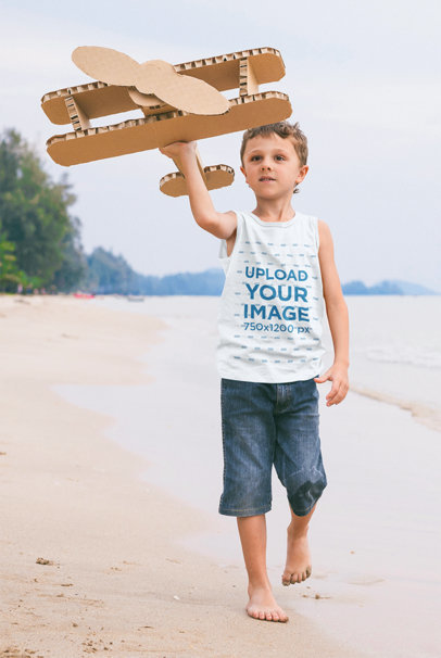 Tank Top Mockup of a Kid Flying a Cardboard Plane by the Beach 45926-r-el2