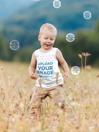 Tank Top Mockup of a Little Boy Chasing Bubbles