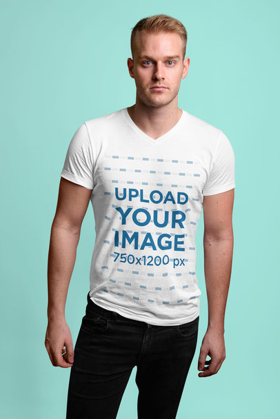 V-Neck Tee Mockup of a Man Posing at a Studio