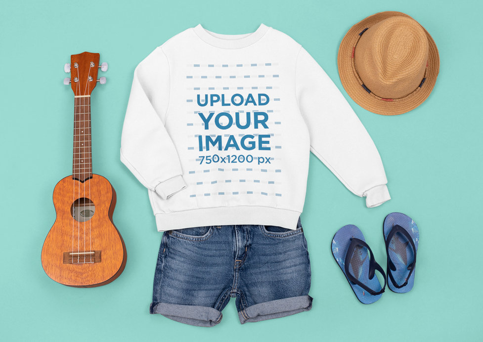 Sweatshirt Mockup Featuring a Beach Outfit and a Ukelele
