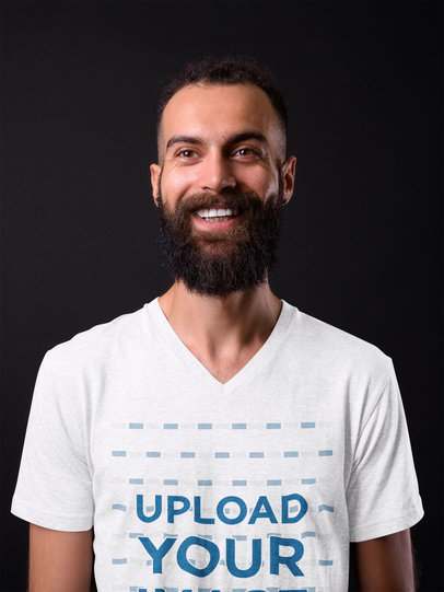 V-Neck T-Shirt Mockup Featuring a Happy Bearded Man 