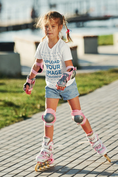 V-Neck Tee Mockup Featuring a Focused Girl Roller Skating 