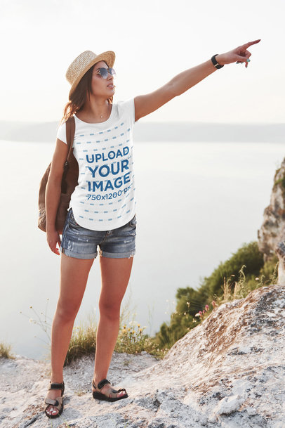 T-Shirt Mockup of a Woman Pointing at Something While at the Mountains 44737-r-el2