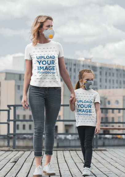 T-Shirt Mockup of a Woman and Her Daughter Wearing Face Masks 45480-r-el2