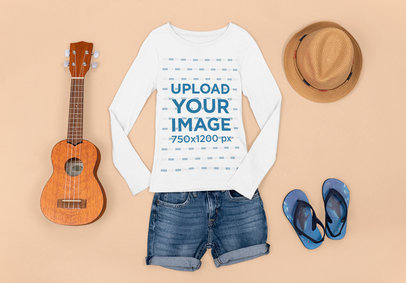 Mockup Featuring a Long Sleeve Tee Placed by a Ukulele and Beach Accessories m1293