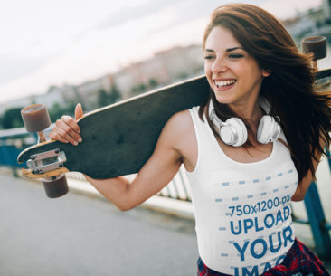 Tank Top Mockup of a Joyful Woman Carrying a Longboard 