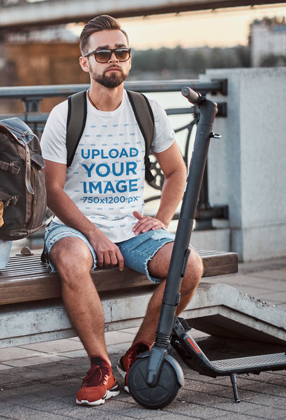 T-Shirt Mockup of a Bearded Man with a Trendy Hairstyle by an Electric Scooter 42042-r-el2