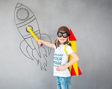 T-Shirt Mockup of a Girl in a Pilot Costume Drawing a Rocket 43084-r-el2