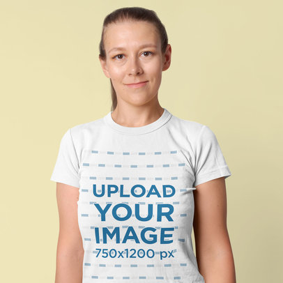 Round-Neck Tee Mockup of a Woman Smiling at a Studio