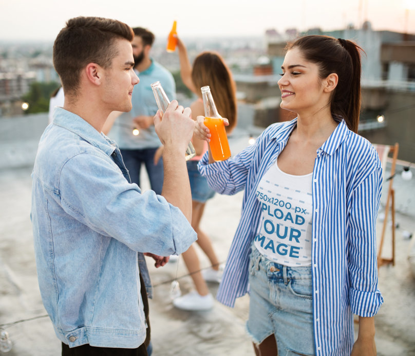 Tank Top Mockup of a Woman Having a Drink With a Friend