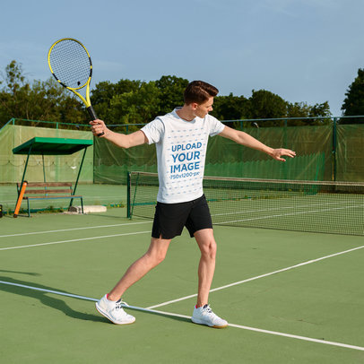 Mockup of a Young Man Wearing a T-Shirt While Playing Tennis