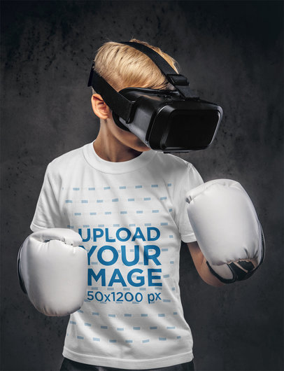 T-Shirt Mockup Featuring a Boy With a VR Headset and Boxing Gloves 