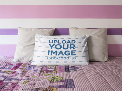 Long Pillow Mockup Lying on a Pink Bed Against Two White Cushions a14930