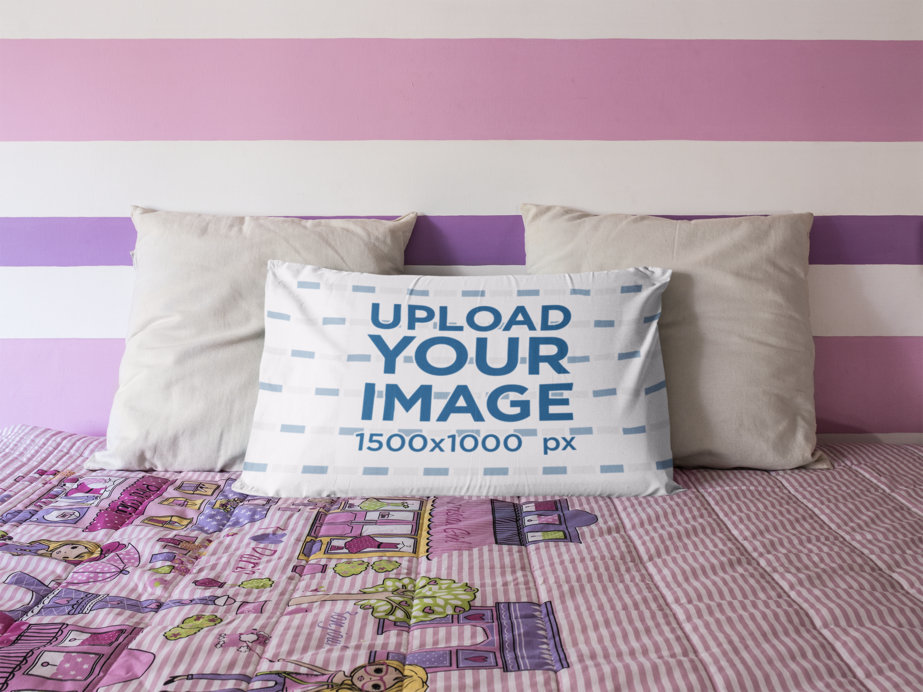 Long Pillow Mockup Lying on a Pink Bed Against Two White Cushions
