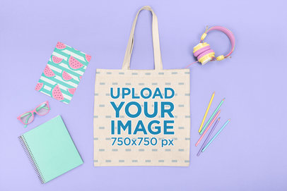 Tote Bag Mockup Featuring Colorful Kids' School Items M1260