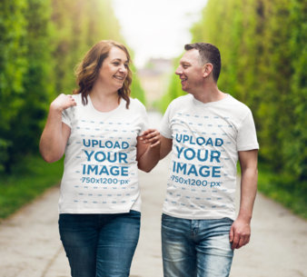 T-Shirt Mockup of a Middle-Aged Couple Walking Together 