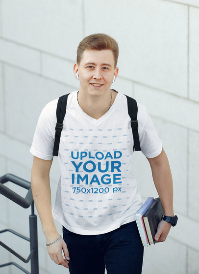 V-Neck Tee Mockup Featuring a Young Student at a Campus 
