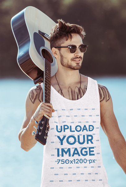 Heather Tank Top Mockup Featuring a Man With a Guitar Walking by a Lake 43901-r-el2