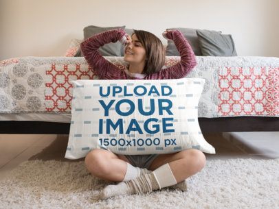 Young Girl Waking up Sitting Down with a Big Pillow Mockup a14949