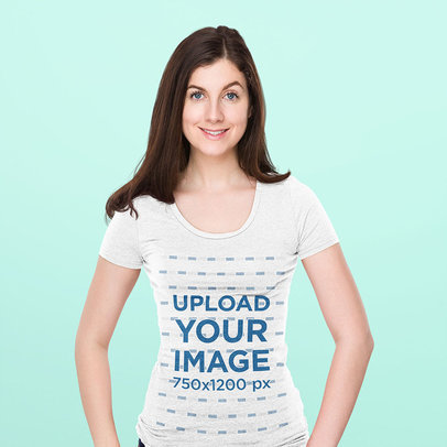 Scoop-Neck T-Shirt Mockup of a Woman Posing Against a Plain Background 