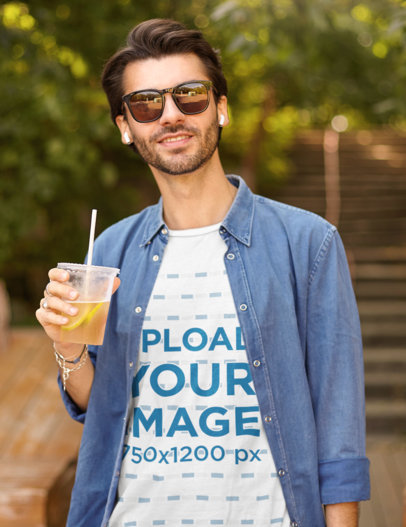 T-Shirt Mockup of a Stylish Man Drinking a Fresh Beverage
