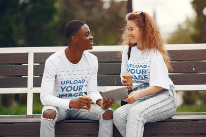 Long Sleeve Tee and T-Shirt Mockup of a Young Couple on a Date