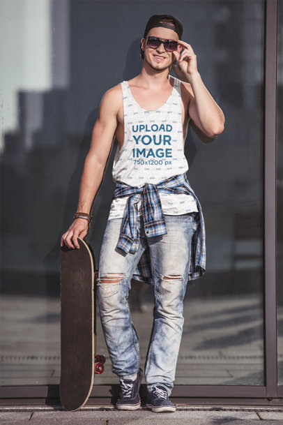 Sublimated Tank Top Mockup Featuring With a Skateboard Making a Call 45744-r-el2