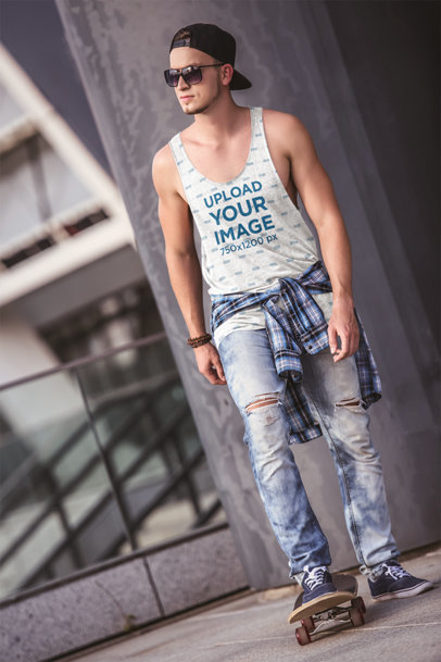 Heathered Tank Top Mockup of a Skater with Sunglasses 