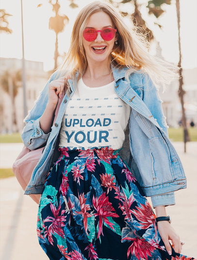 T-Shirt Mockup of a Fashionable Woman with Colorful Sunglasses m1721-r-el2