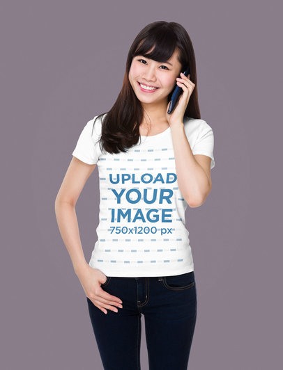 Round-Neck Tee Mockup of a Woman Talking on the Phone at a Studio