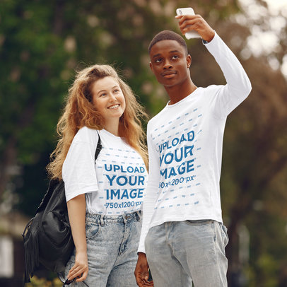 T-Shirt and Long Sleeve Tee Mockup of Two Friends Taking a Selfie