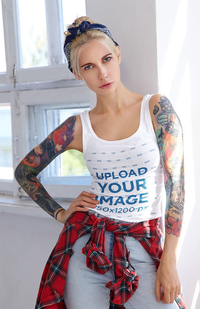 Tank Top Mockup Featuring a Woman with Tattooed Arms