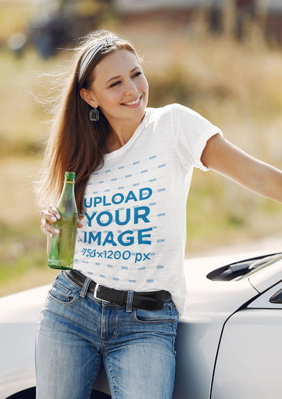 T-Shirt Mockup of a Smiling Woman Leaning on a Car