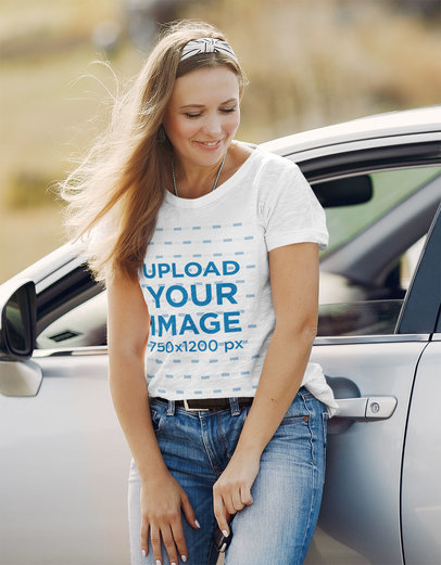 Round-Neck Tee Mockup of a Woman Leaning Against a Car