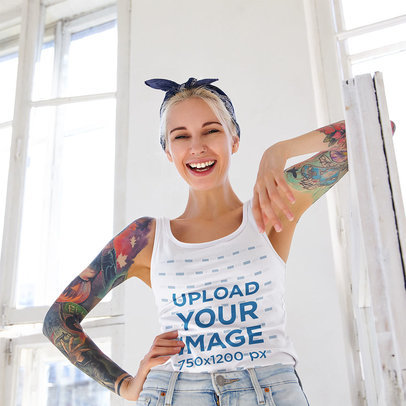 Tank Top Mockup of an Edgy Blonde Woman with Tattoos