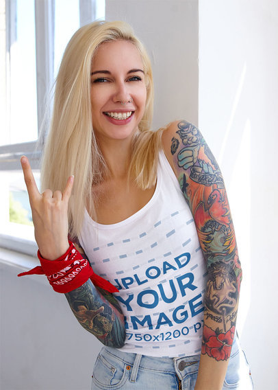 Tank Top Mockup Featuring a Tattooed Woman Making a Hand Gesture