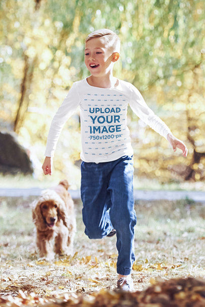 Long Sleeve Tee Mockup of a Boy Playing with His Dog