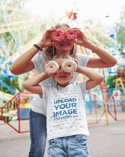 V-Neck Tee Mockup of a Girl Having Fun with Some Donuts