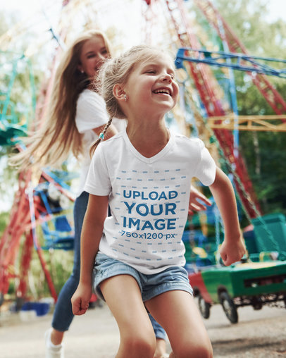 V-Neck Tee Mockup of a Girl Playing Tag with Her Mom