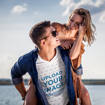 V-Neck T-Shirt Mockup of a Playful Man with His Girlfriend