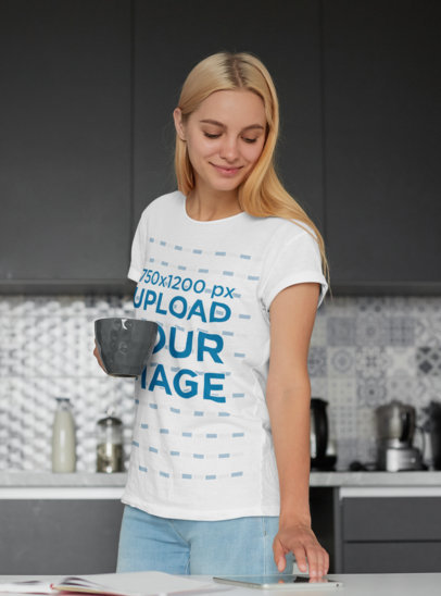 T-Shirt Mockup of a Woman Checking the News in the Morning