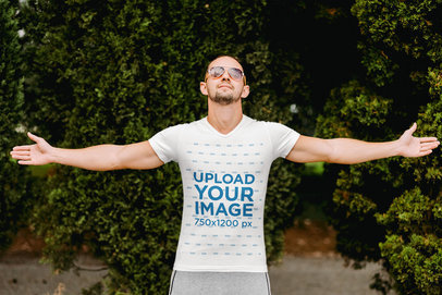 V-Neck Tee Mockup of a Fit Man with Open Arms
