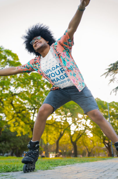 T-Shirt Mockup of a Happy Man Roller Skating at a Park 