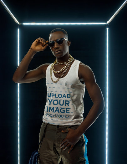 Tank Top Mockup of a Man with Gold Chains and Sunglasses at a Studio