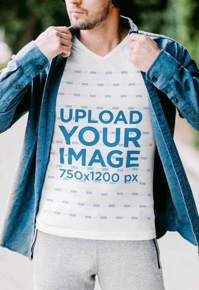 V-Neck T-Shirt Mockup of a Serious Man With an Athleisure Look 