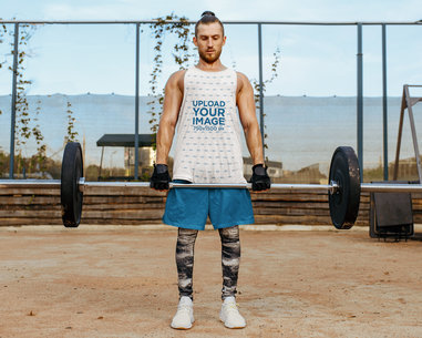 Tank Top Mockup of a Muscular Man with a Man-Bun